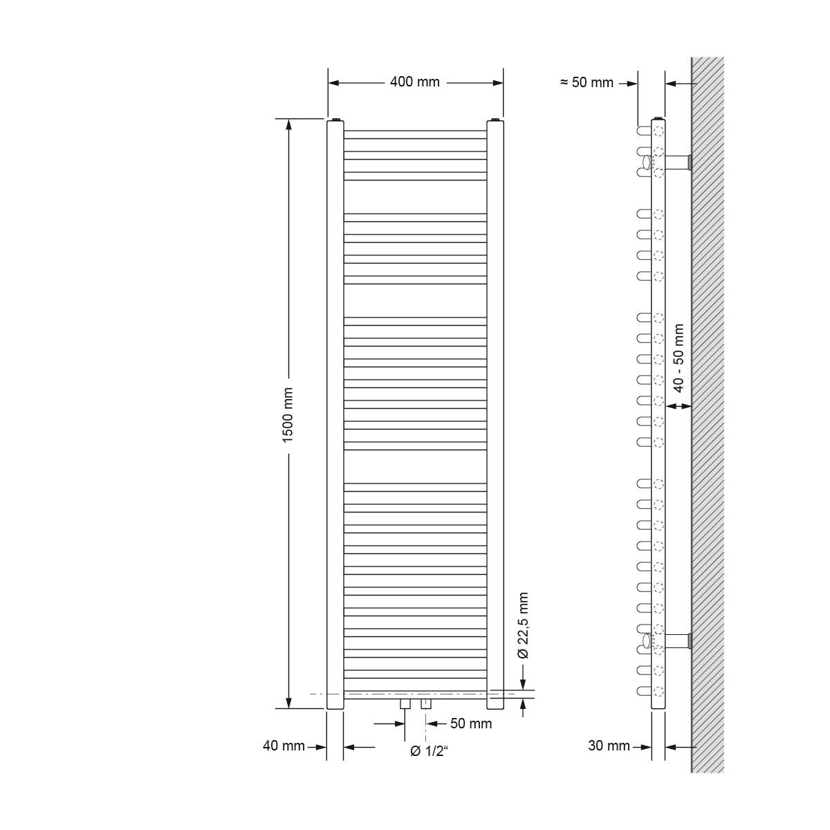 ECD Germany badkamerradiator, middenaansluiting, 400 x 1500 mm, antraciet, recht, met aansluitset inclusief thermostaat, doorloopradiator, verwarming, handdoekwarmer, handdoekdroger, handdoekradiator