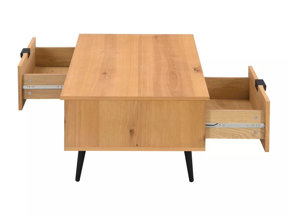 Table basse avec 2 tiroirs et 2 niches placage chêne et acier - Naturel clair et Noir - SINOLO
