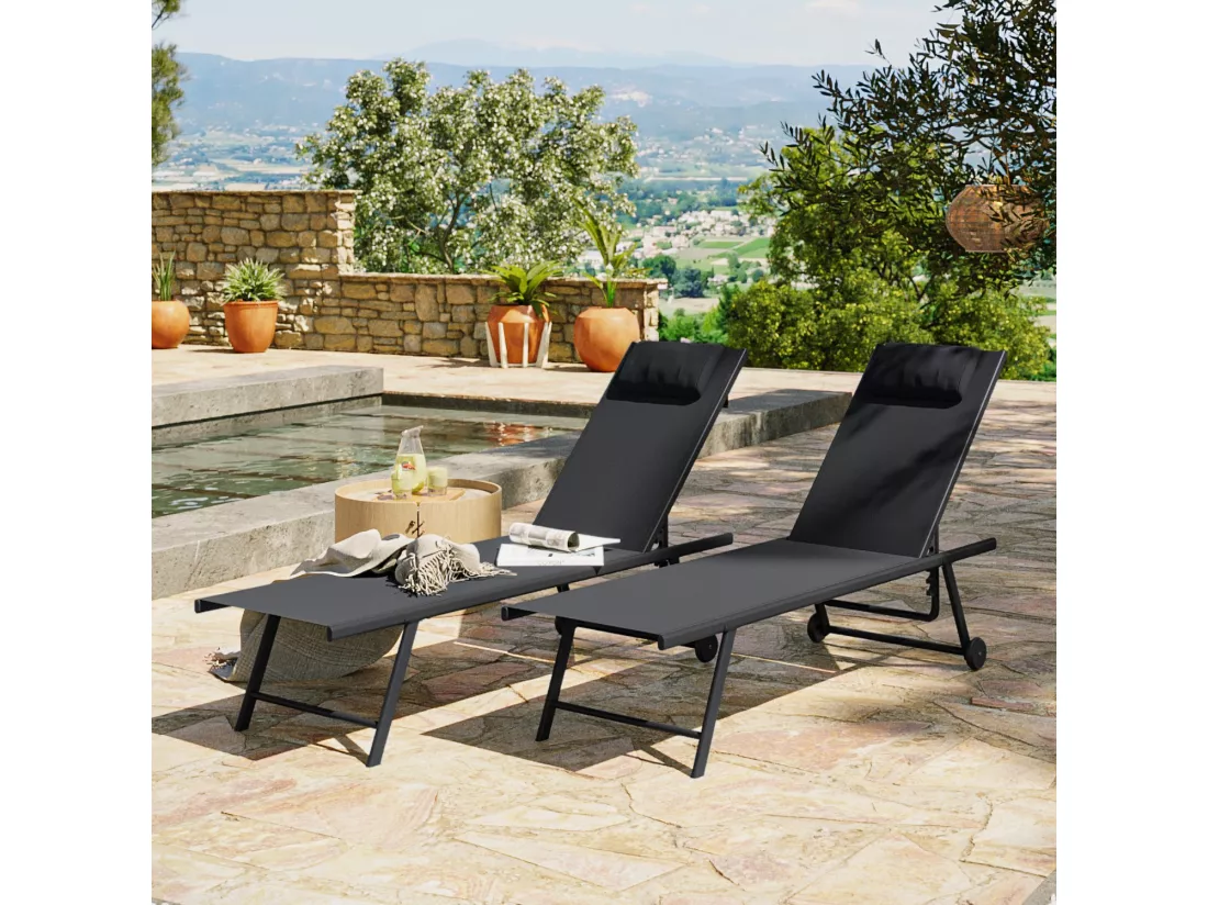 Lot de 2 transats inclinables et empilables - Anthracite - SUNNY