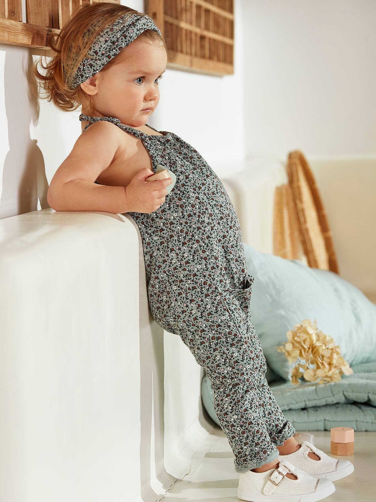 Conjunto de body e faixa de cabelo de pelúcia estampada verde-médio para bebê menina