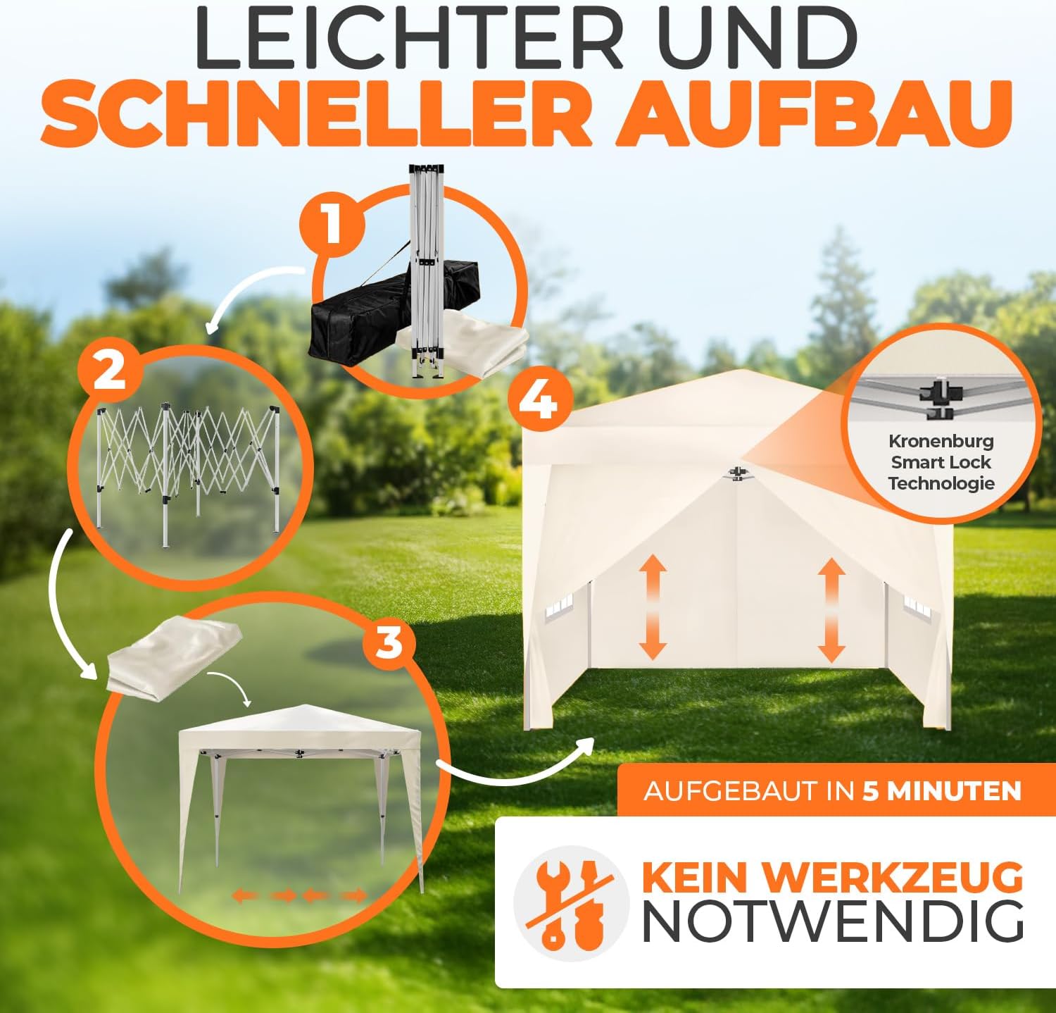 Kronenburg Faltpavillon wasserdicht Dachmaß 2 x 2 m UV Schutz 50+ Pavillon in Champagner mit 4 Seitenteilen