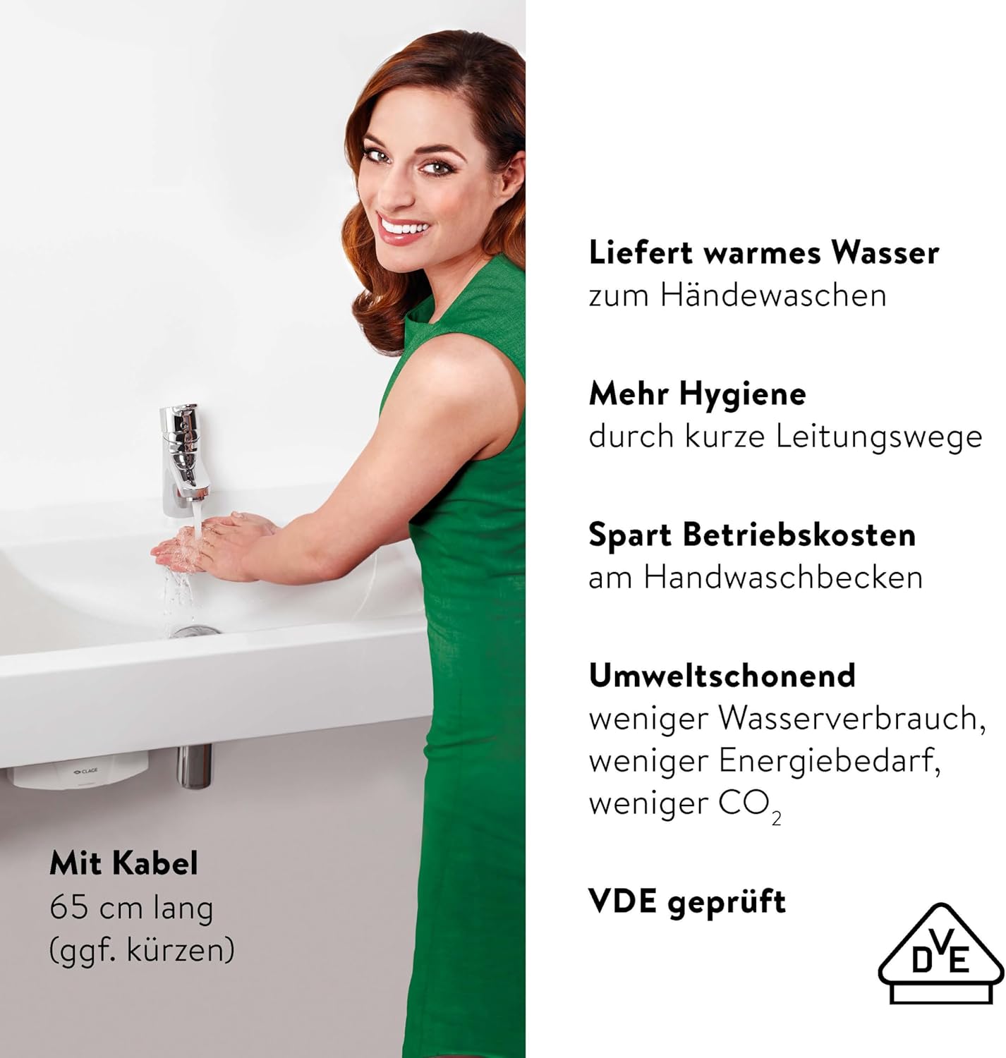 CLAGE M4 hydraulischer Klein-Durchlauferhitzer nur fürs Handwaschbecken, 4,4 KW, ohne Stecker, 230V Festanschluss, nur für drucklose Armaturen [Energieklasse A]