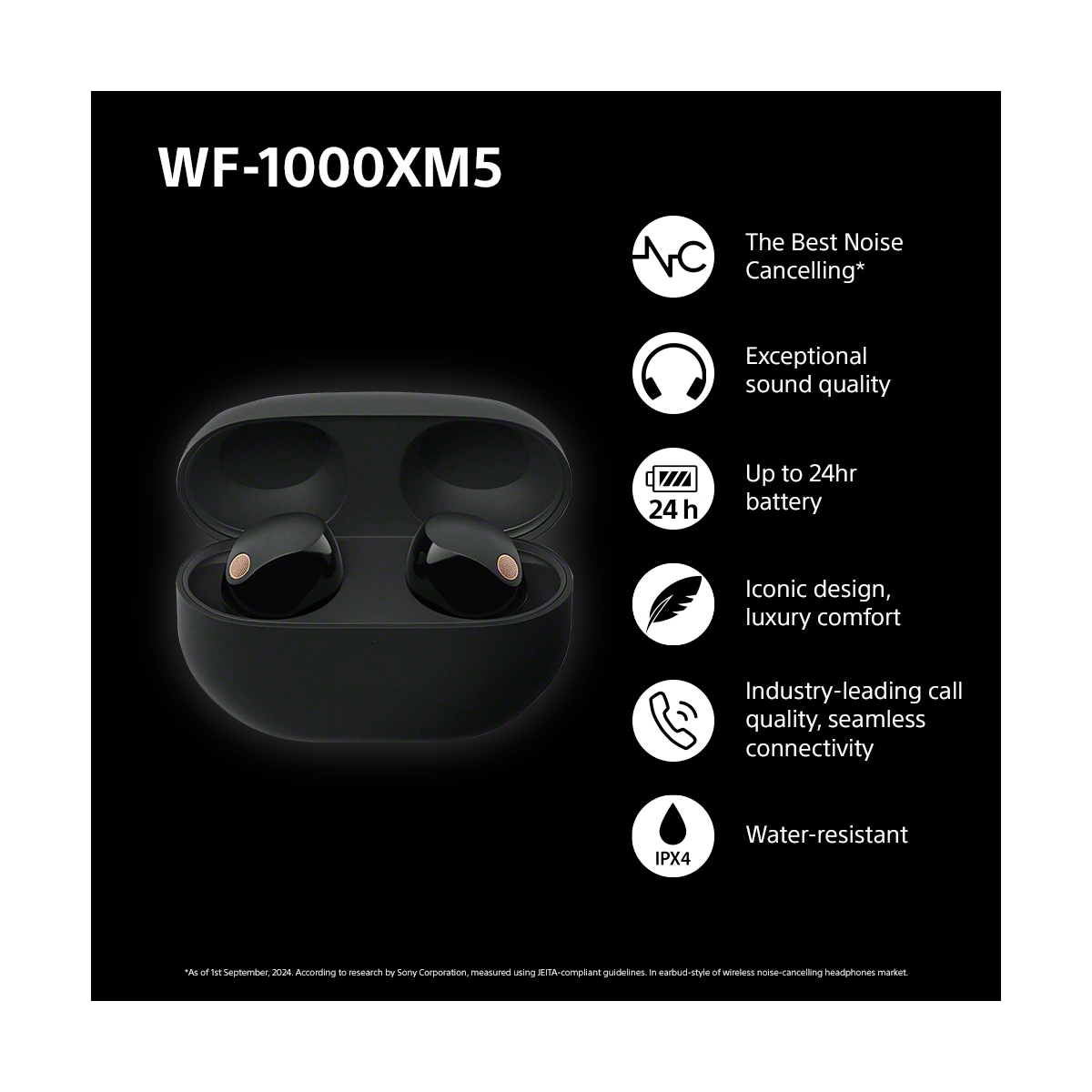 Sony WF-1000XM5 helt trådløse in-ear hodetelefoner (sort)