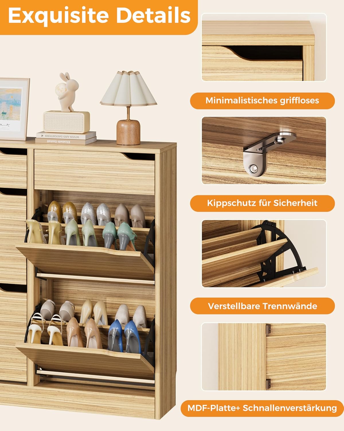 IRONCK Schuhschrank mit 4 Klappen, Schuhkipper Schmal mit 2 Schubladen, freistehendes Schuhregal, Schuhkommode mit verstellbaren Trennwände, Schuhablage Schrank für Flur Eingang und Wohnzimmer (Holz)