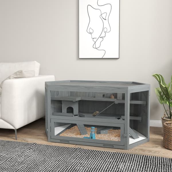 3-lags gnagerbur, sekskantet smådyrbur, smådyrhus laget av tre, musebur, hamsterbur med sammenleggbart lokk, utsiktsvindu, rampe, 115 x 60 x 55 cm grå