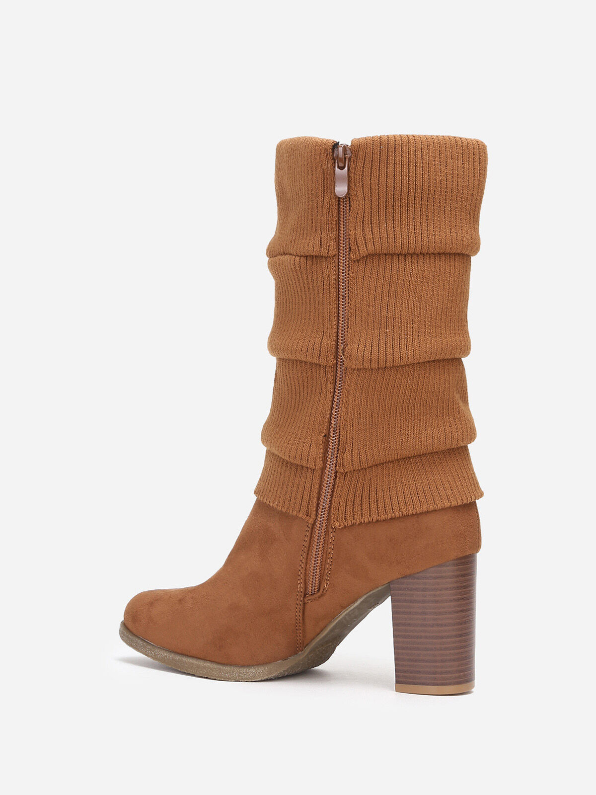 Bottes à talon en suédine et maille- Camel
