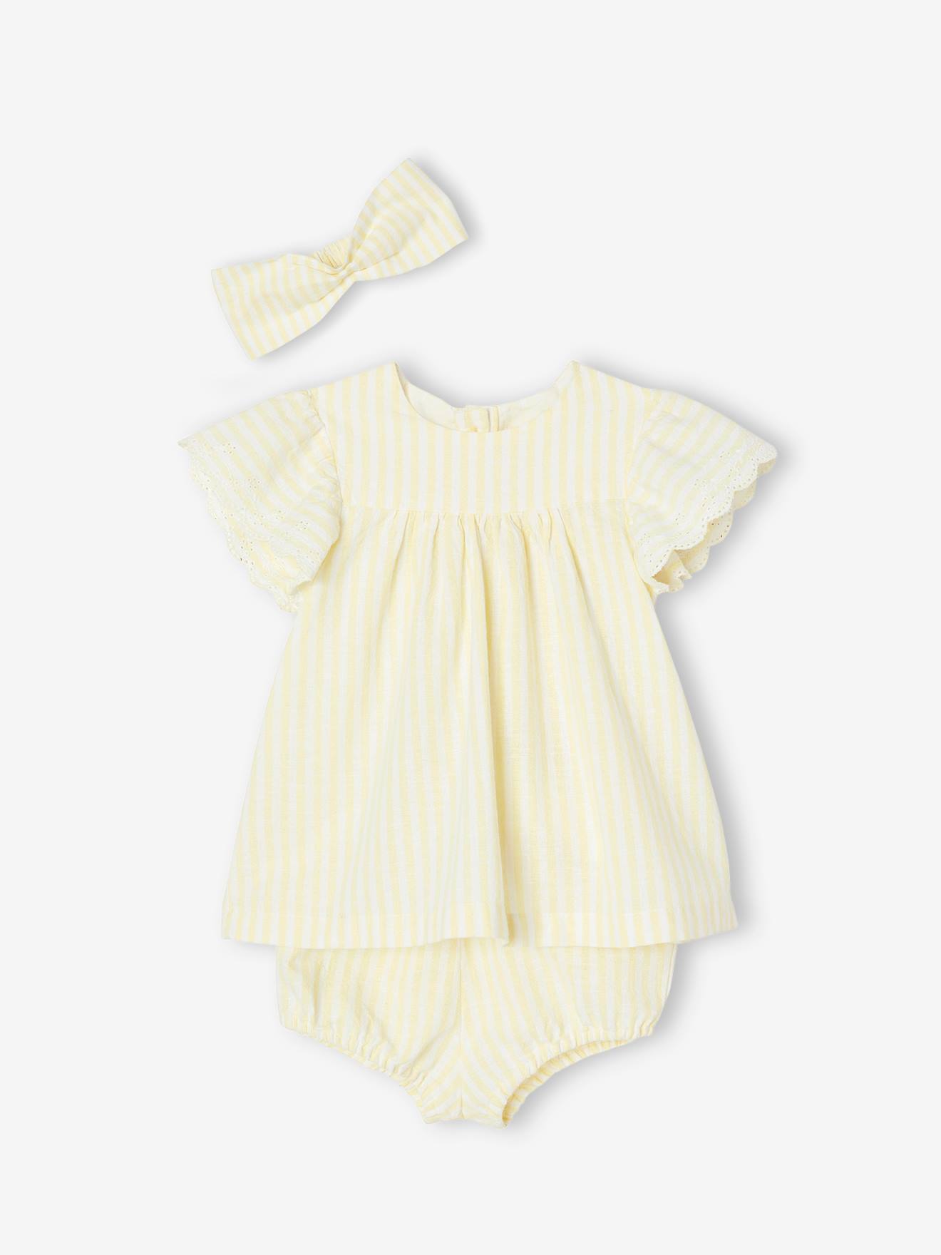 Conjunto de roupa de bebê de 3 peças: Vestido + calcinha + faixa de cabelo amarelo pastel
