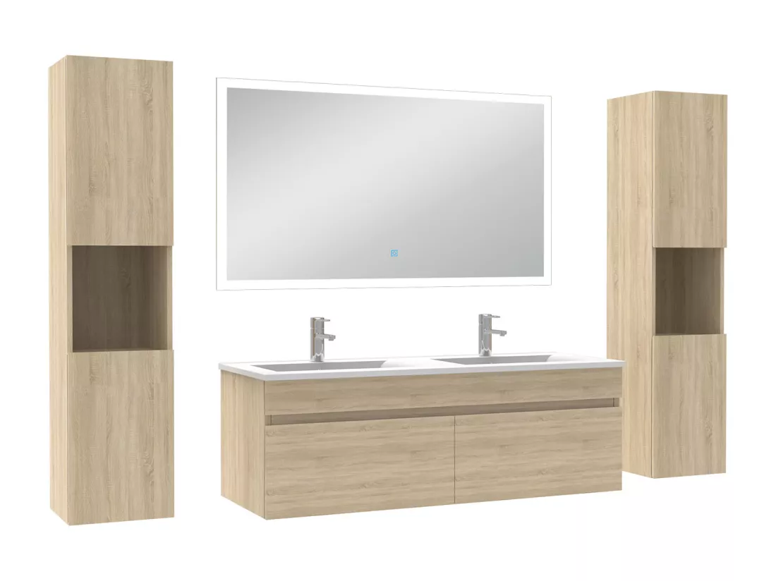Ensemble meuble Salle de Bain 120cm avec colonne et miroir lumineux chêne wotan