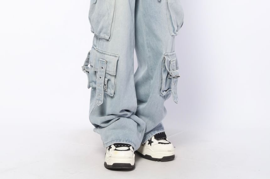 AXEN - Mid Rise Washed Buckled Wide Leg Cargo Jeans
