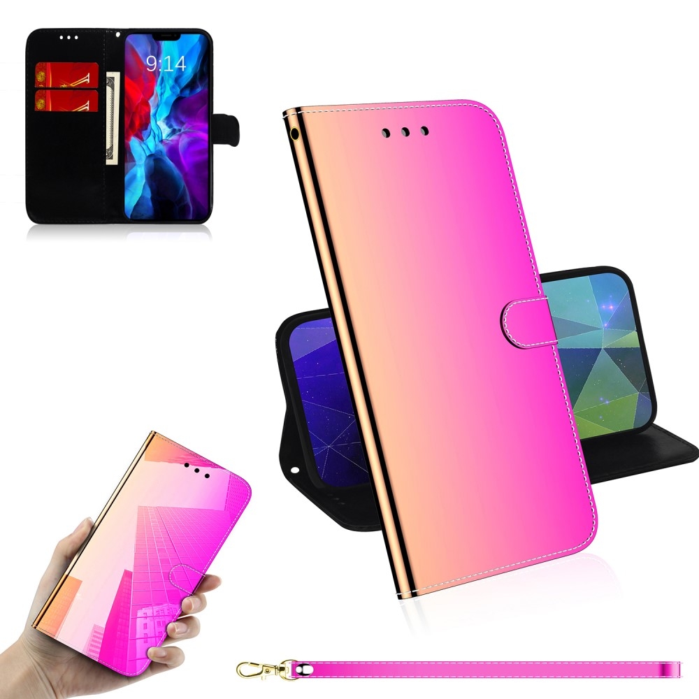 iPhone 12 / iPhone 12 Pro Leder Tasche Flip Cover im Spiegel Design mit Kartenfach   Handschlaufe - Regenbogen Rosa