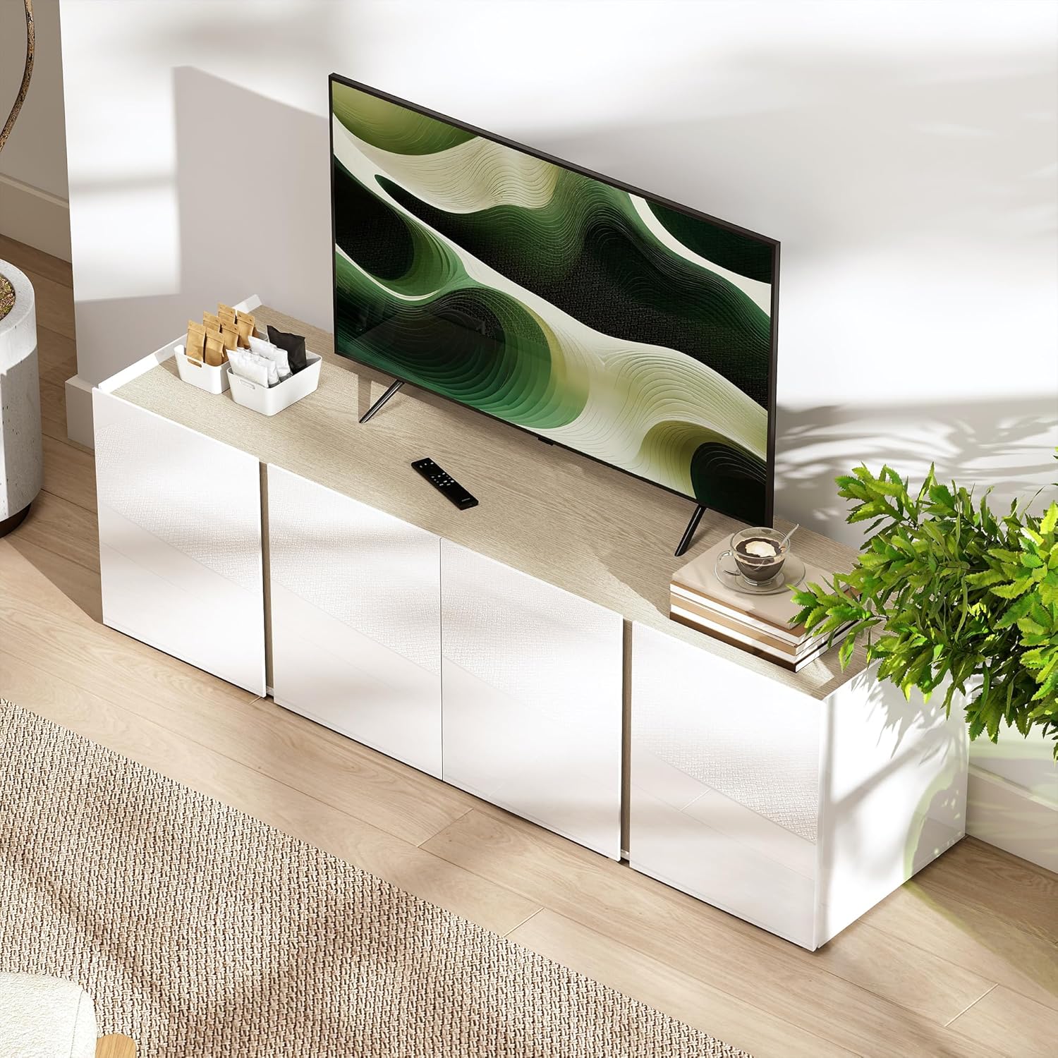 HOMCOM TV Schrank Lowboard für Fernseher bis zu 65 Zoll, 135 cm lang Hochglanz Fernsehtisch mit Verstellbaren Ablagen, Kabelmanagement, 4 Soft-Close-Türen für Wohnzimmer Weiß
