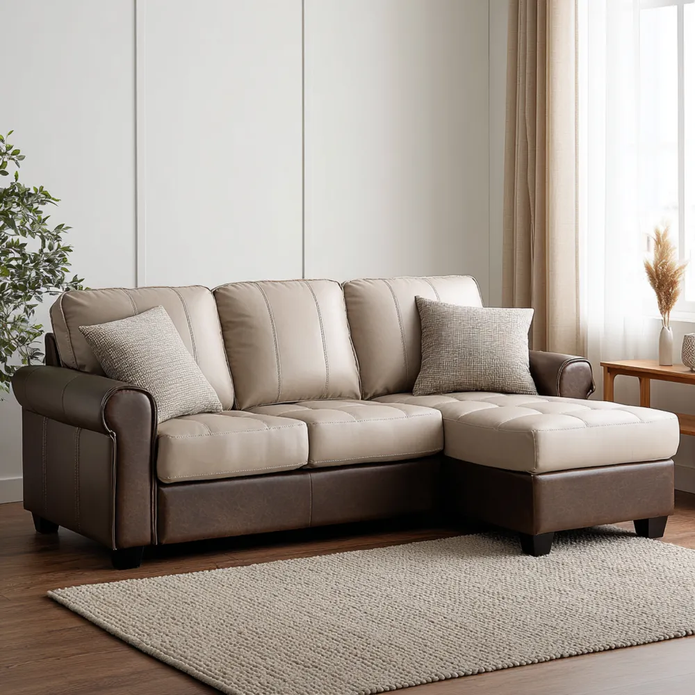Ecksofa Kunstleder/Polster 250x150x90 cm – Beige/Braun – Modernes Desi