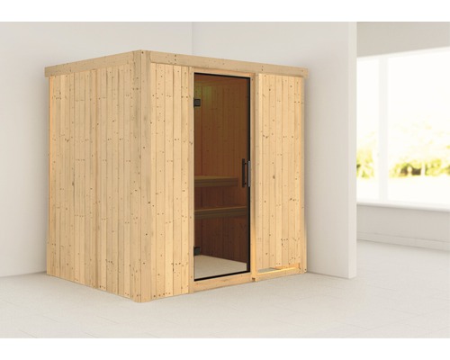 Karibu Wanja plug & play sauna zonder kachel en dakrand, met grafietkleurige volledig glazen deur