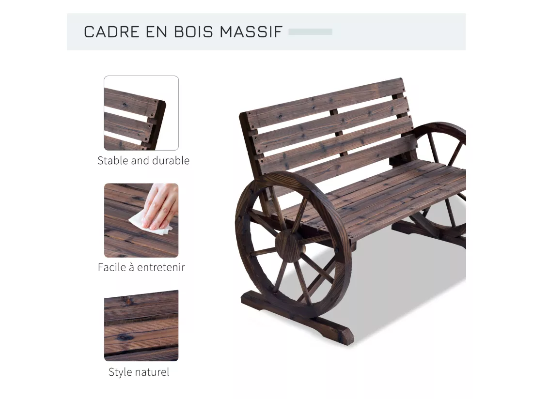 Banc de jardin 3 places style rustique chic accoudoirs roues charette bois sapin traité carbonisation