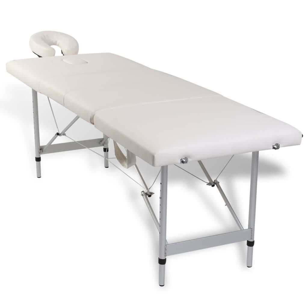 Opvouwbare massagetafel met aluminium frame, 4 zones, crème en wit