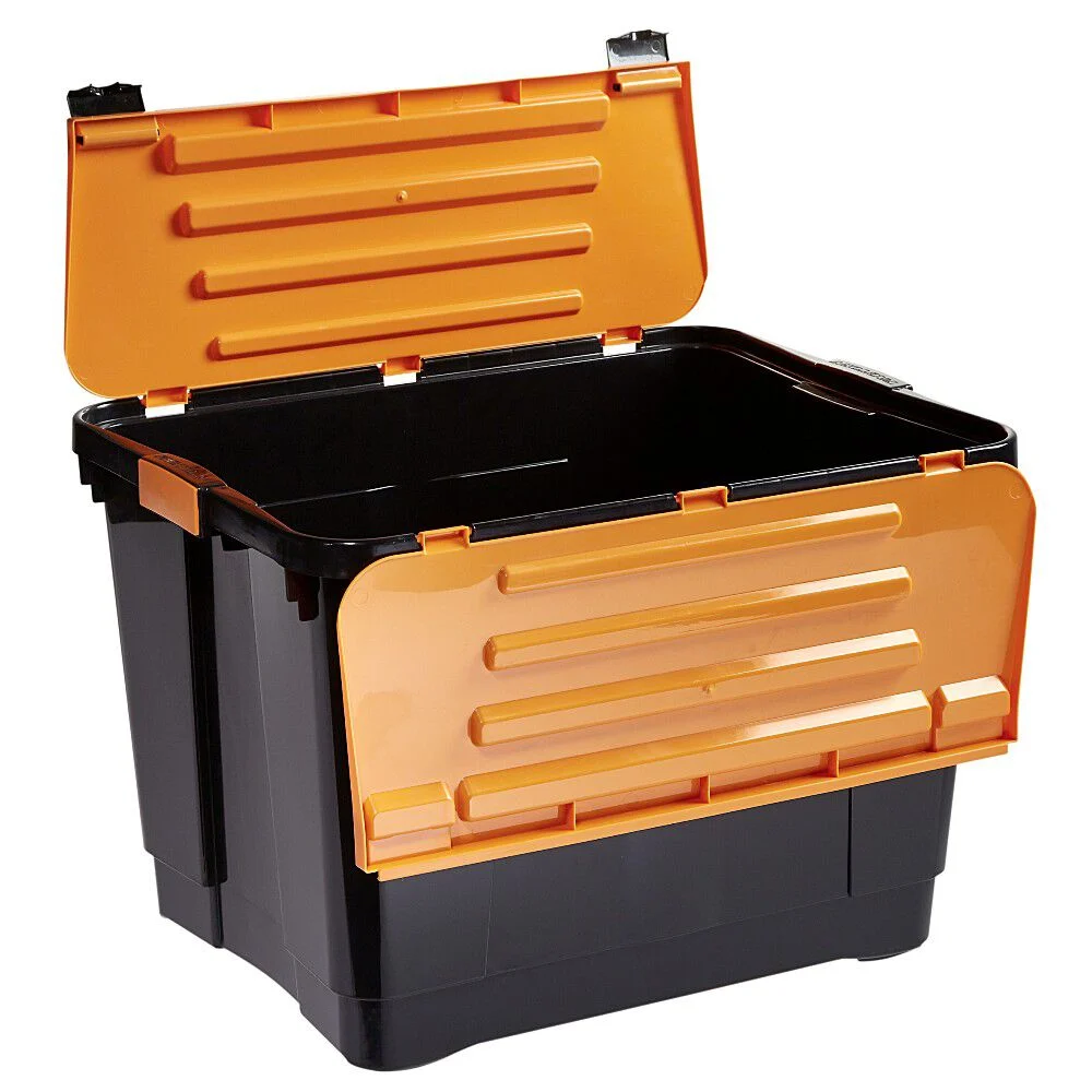 Box de rangement brico noir avec couvercle orange à double ouverture 80L