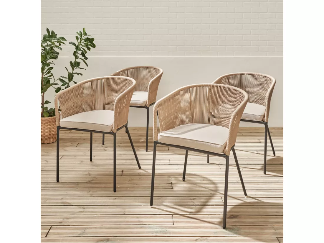 Lot de 4 fauteuils de jardin en corde beige et acier galvanisé. coussin beige
