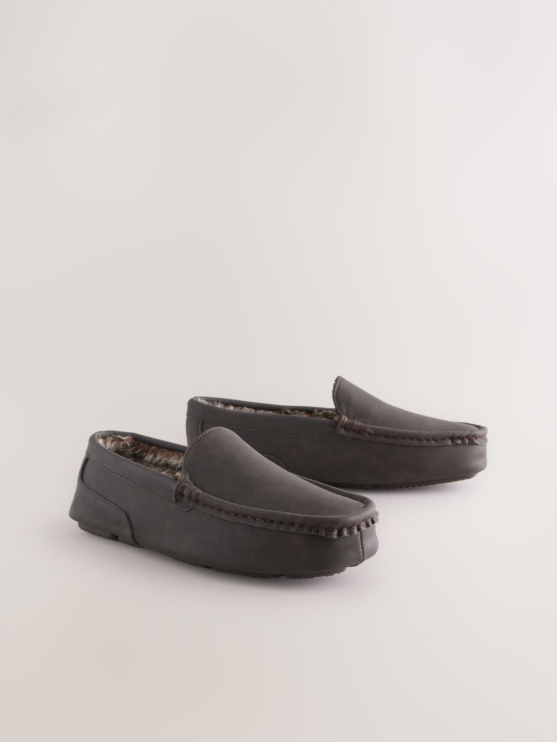 Bruin - Moccasinpantoffels met voering van imitatiebont