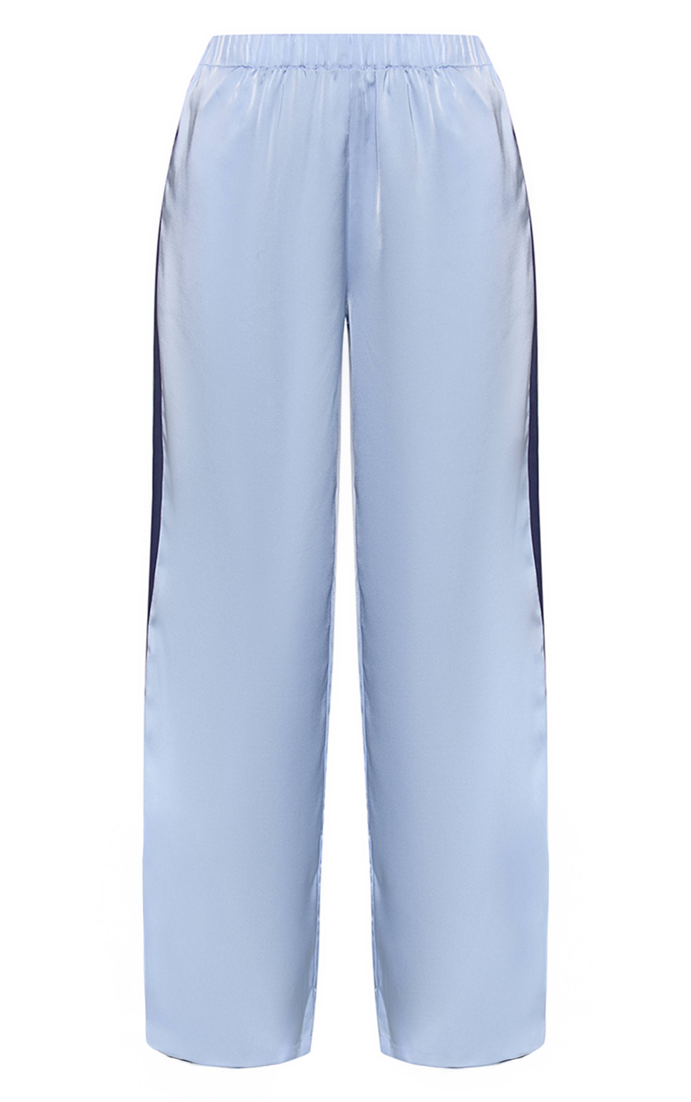 Bleu Pantalon Large En Satin À Bandes Contrastées