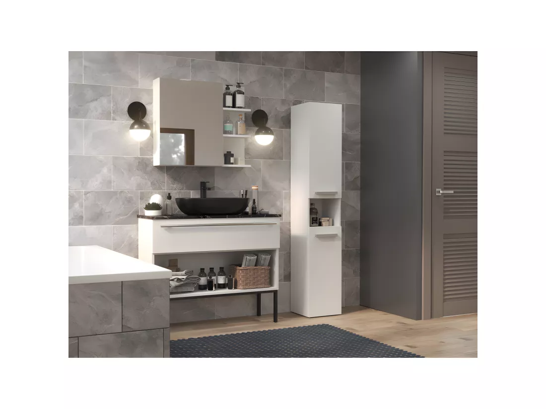 HORTI - Meuble salle de bain avec panier à linge - 31x30x174 cm - Colonne rangement SDB