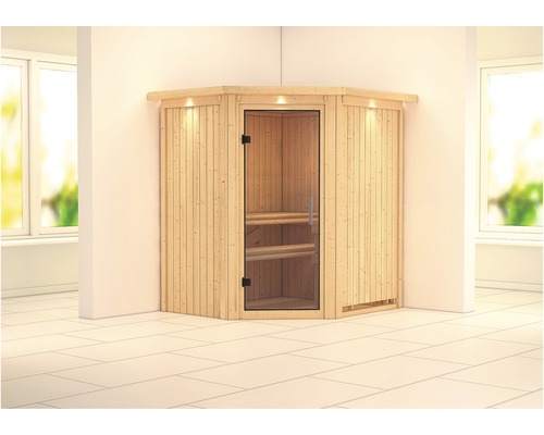Plug & Play Sauna Karibu Achat III zonder kachel, met dakrand en volledig glazen deur van helder glas