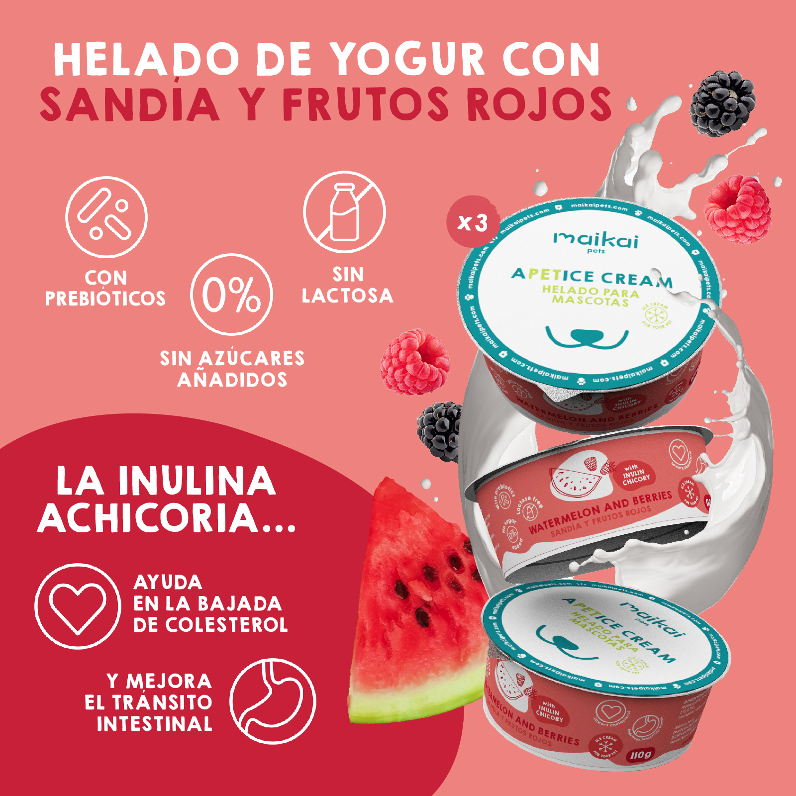 Sorvete para cães e gatos com prebióticos. MAIKAI PETS. Pacote com 6 unidades (6 x 110 g). Sabores: Iogurte com maçã e kiwi, e Iogurte com melancia e frutas vermelhas.