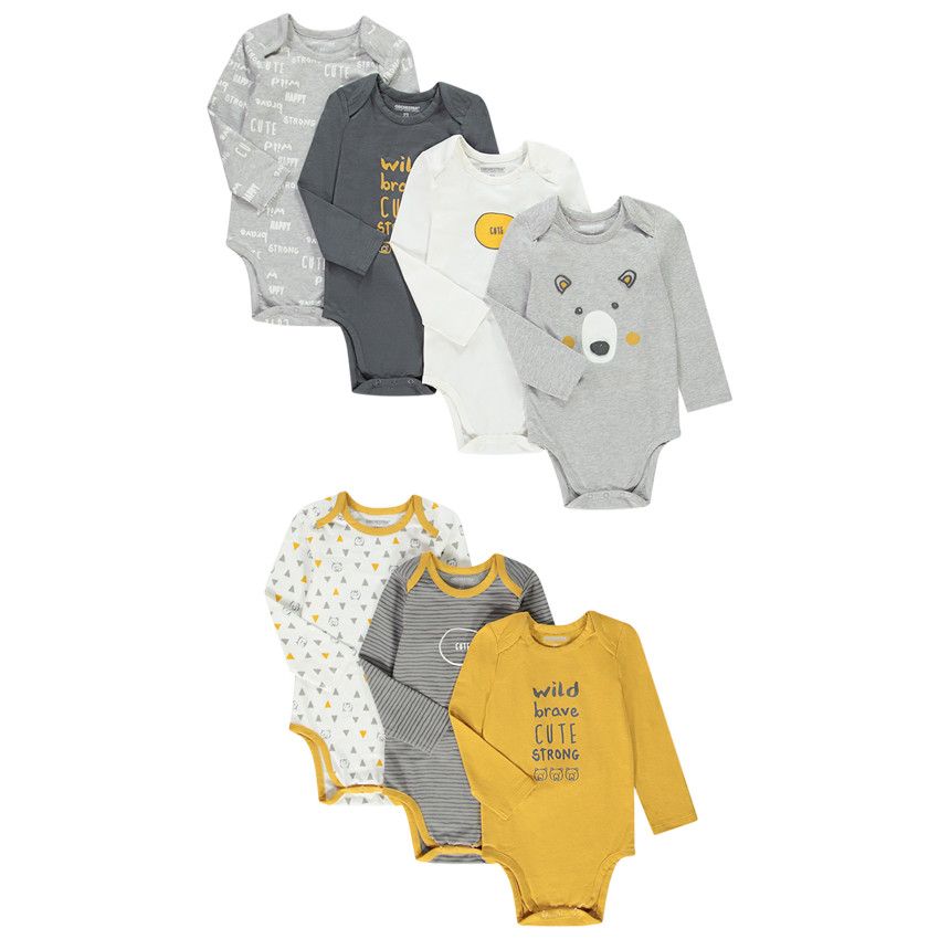 Lot de 7 bodies manches longues en jersey fantaisie pour bébé garçon - Gris clair