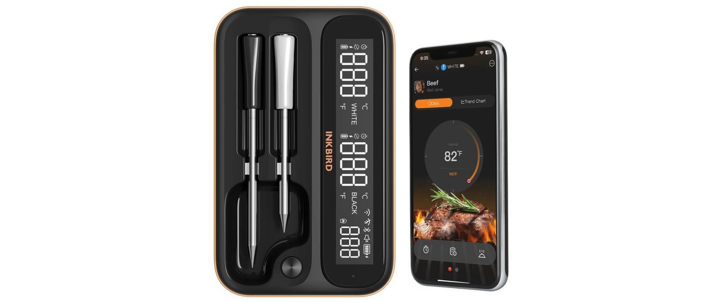 Fleischthermometer INT-12-BW Doppelsonde<br>Dual-Modus, Dual-Sonde WiFi & Bluetooth Grill-Thermometer INT-12-BW