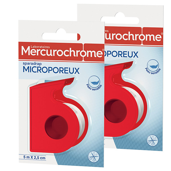 Sparadrap microporeux Mercurochrome 5 m x 2,5 cm, 2 rouleaux avec dévidoir