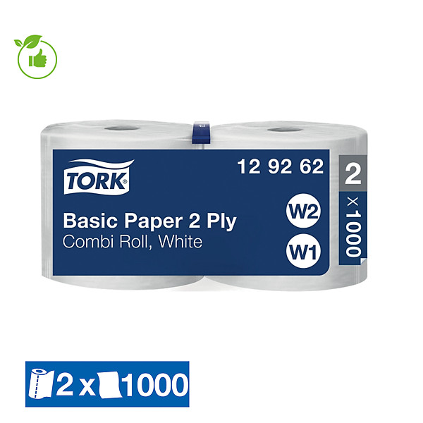 Bobine d'essuyage blanche Tork 1000 formats, lot de 2