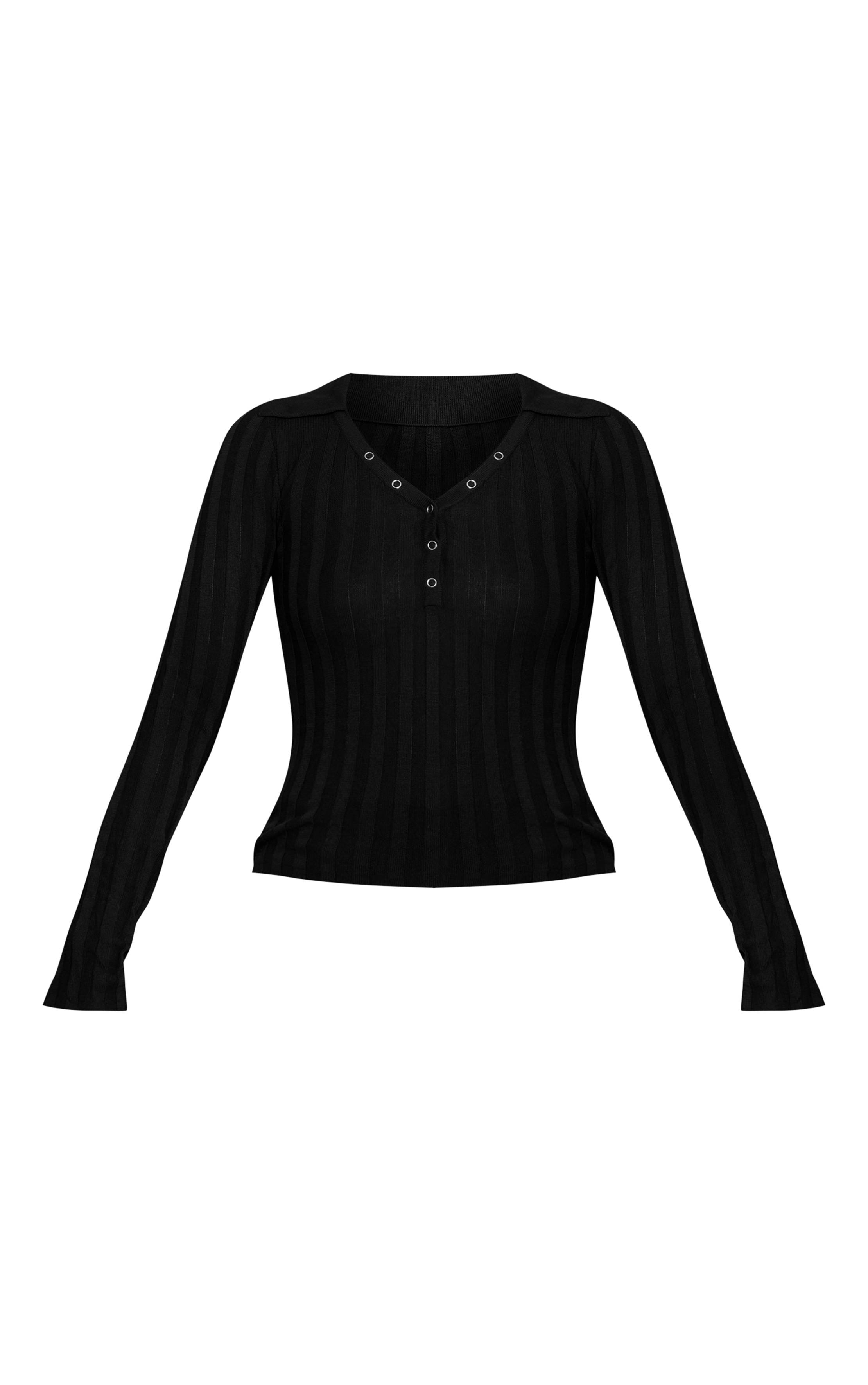 Noir Haut Polo En Maille Côtelée Transparente