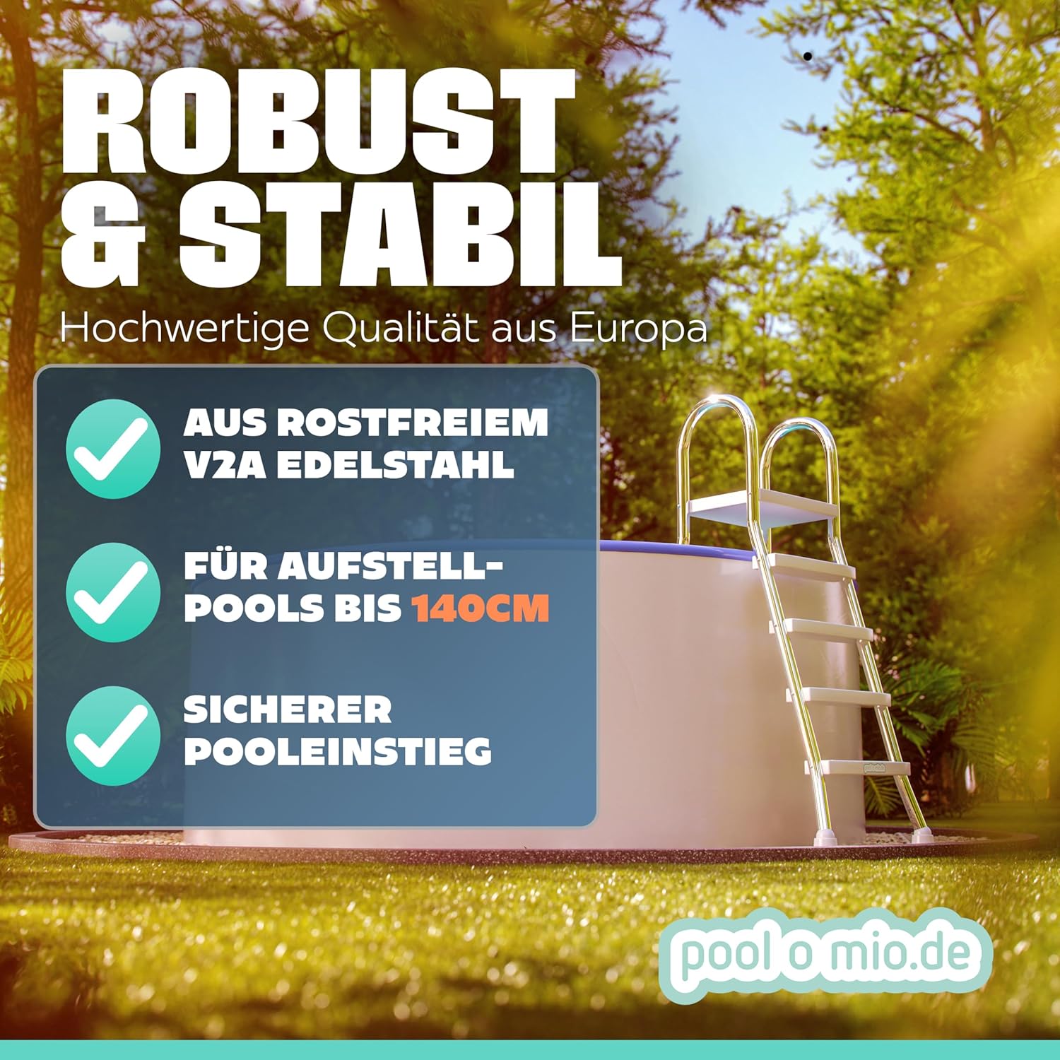 poolomio® Poolleiter Edelstahl mit Handlauf bis 132 cm | Einstiegsleiter mit 4 Stufen für Aufstellpools bis 1,32 m Höhe | sicherer Einstieg, langlebig, stabil | Sicherheitsleiter Traglast 150 kg