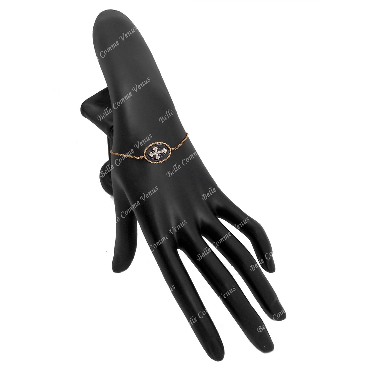 Bracelet croix fleur de lys sertie d'oxyde de zirconium émail noir Plaqué OR 750 3 microns