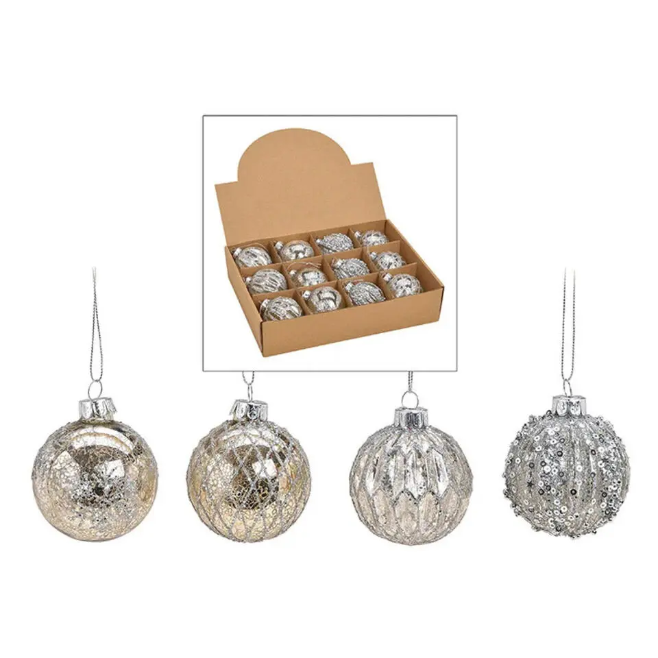 Kerstballen set - 12x stuks - glas - zilver - 6 cm