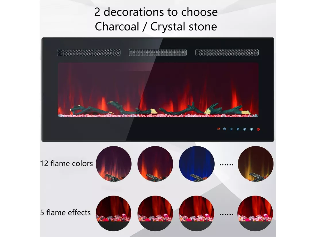 Cheminée électrique mural et encastrable 900/1800W - effet de flamme LED 3D réglable - Minuterie, thermostat, télécommande/écran tactile - Noir
