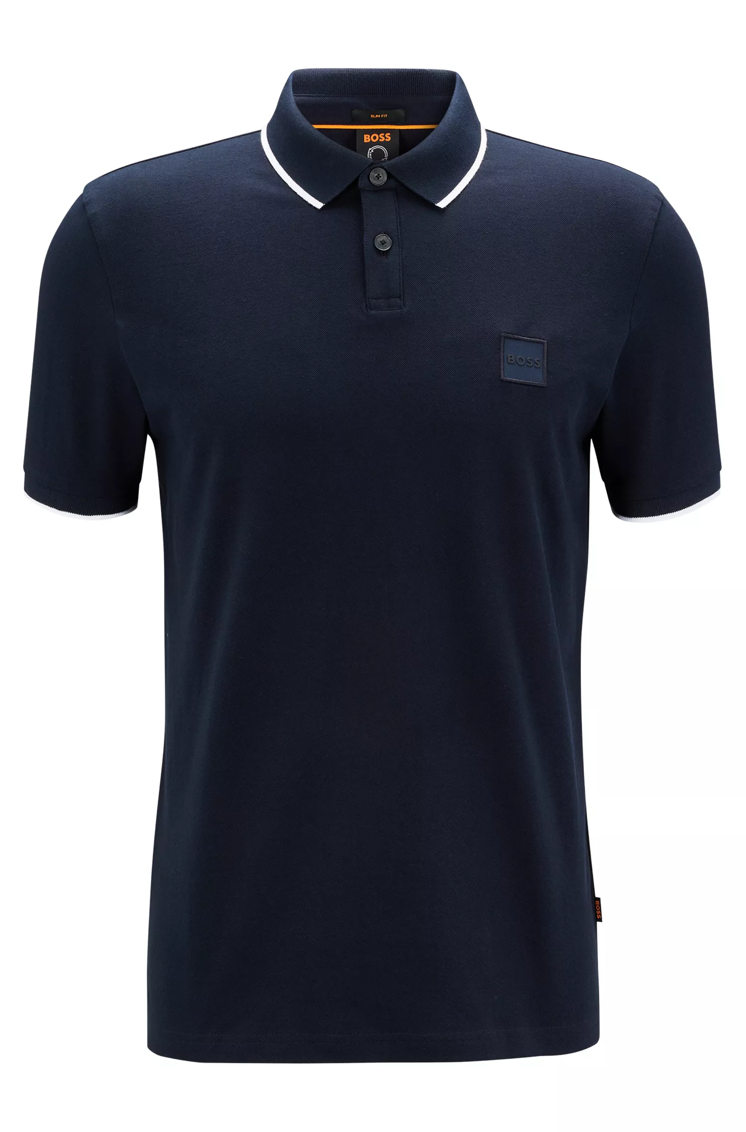 Camisa polo BOSS laranja, de algodão stretch, corte slim, com etiqueta de logotipo.