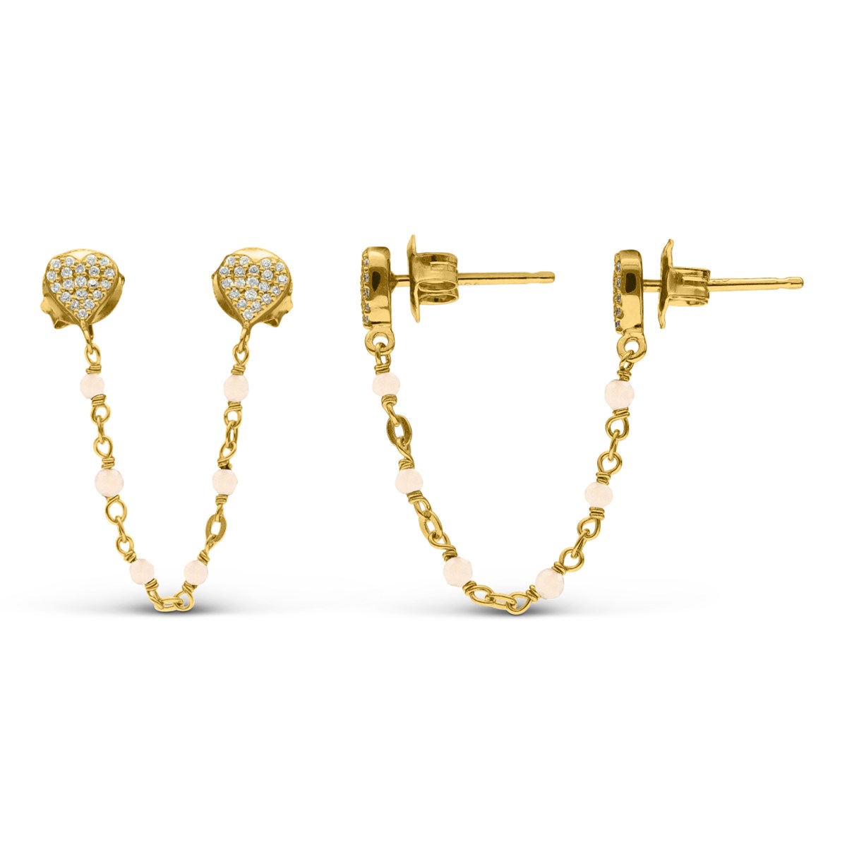 Boucles D'oreilles Argent Doré Doubles Reliées Coeur Opale Rose