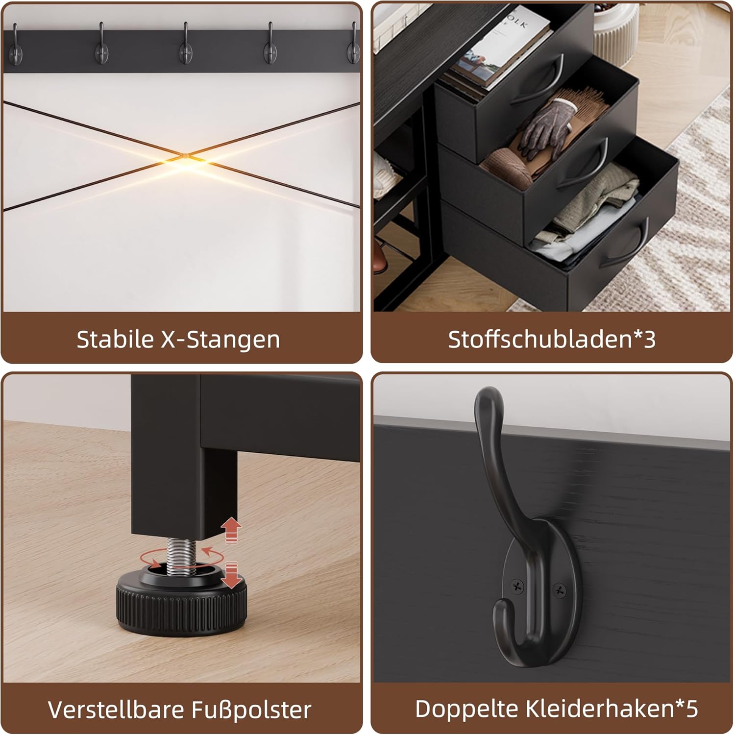 Garderobenständer mit Schuhablage, Garderobe mit Sitzbank, 12 Haken, 3 Schubladen und 1 Ablagefläche, Metallrahmen, 30 x 80 x 180 cm, für Flur Eingänge Schwarz