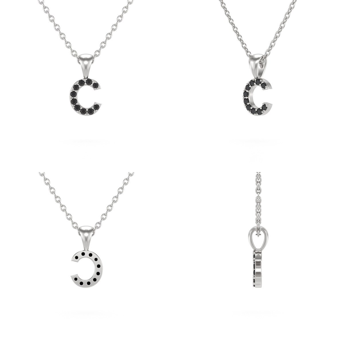 Collier Pendentif ADEN Lettre C Or 750 Blanc Diamant Noir Chaine Or 750 incluse 0.72grs