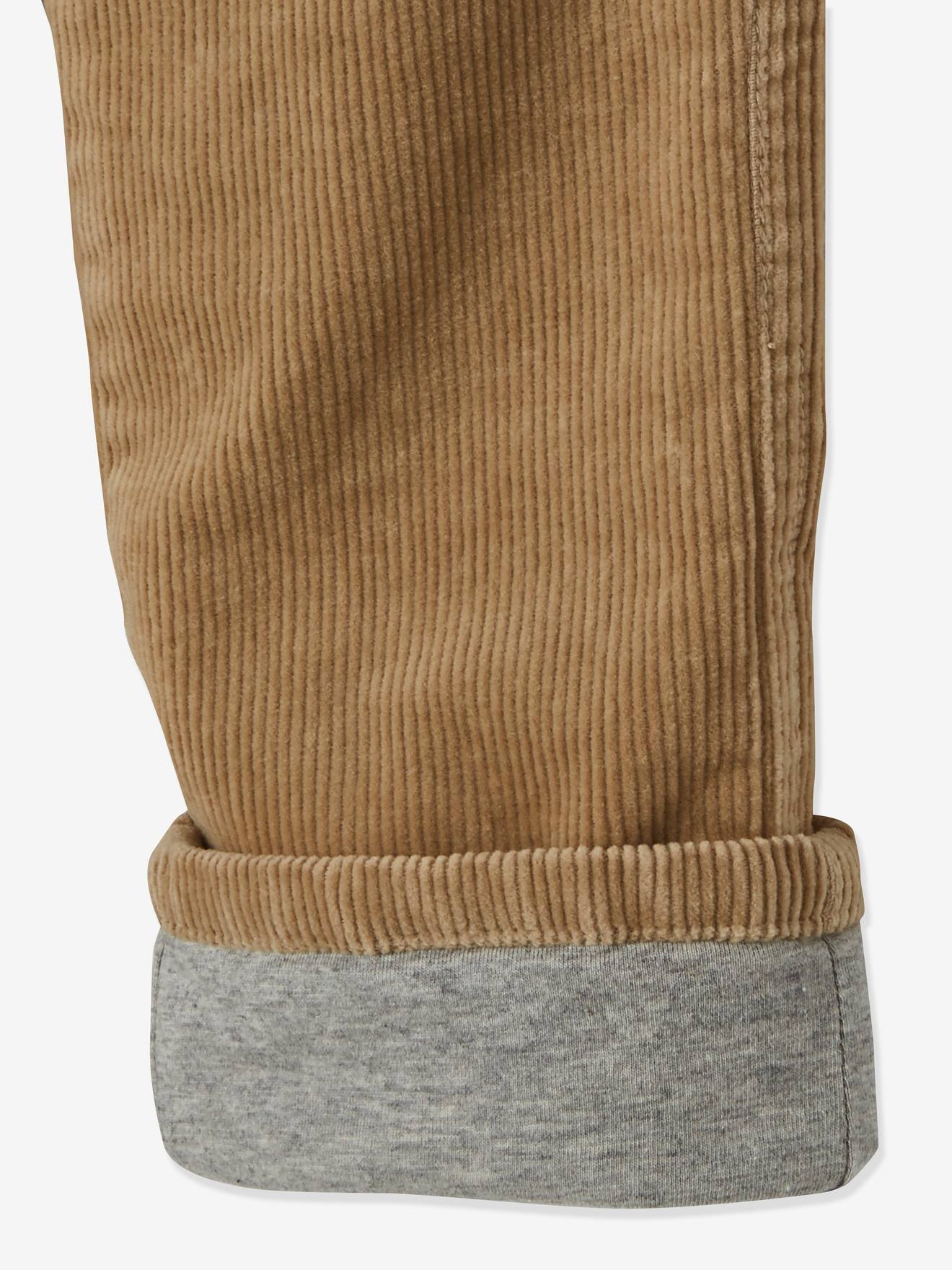 Calças cargo de veludo cotelê fáceis de usar para meninos, bege claro liso com estampas.