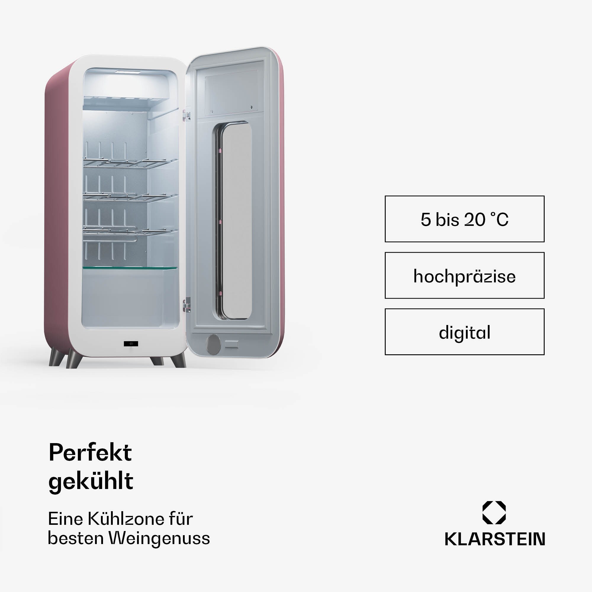 Shirley 15 Uno Weinkühlschrank 15 Flaschen 5 - 20 °C Touch Retro Pink 15 Flaschen 1 Kühlzone