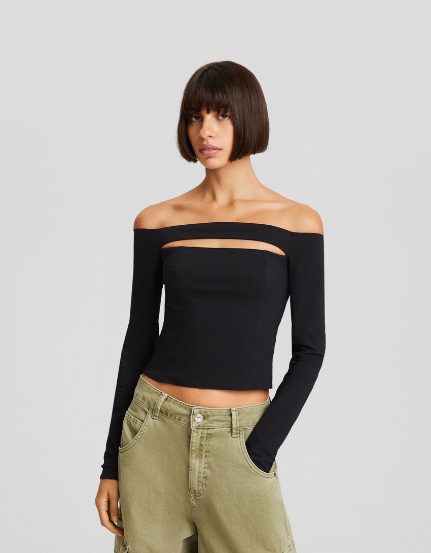 Blusa bengaline de manga comprida com recortes