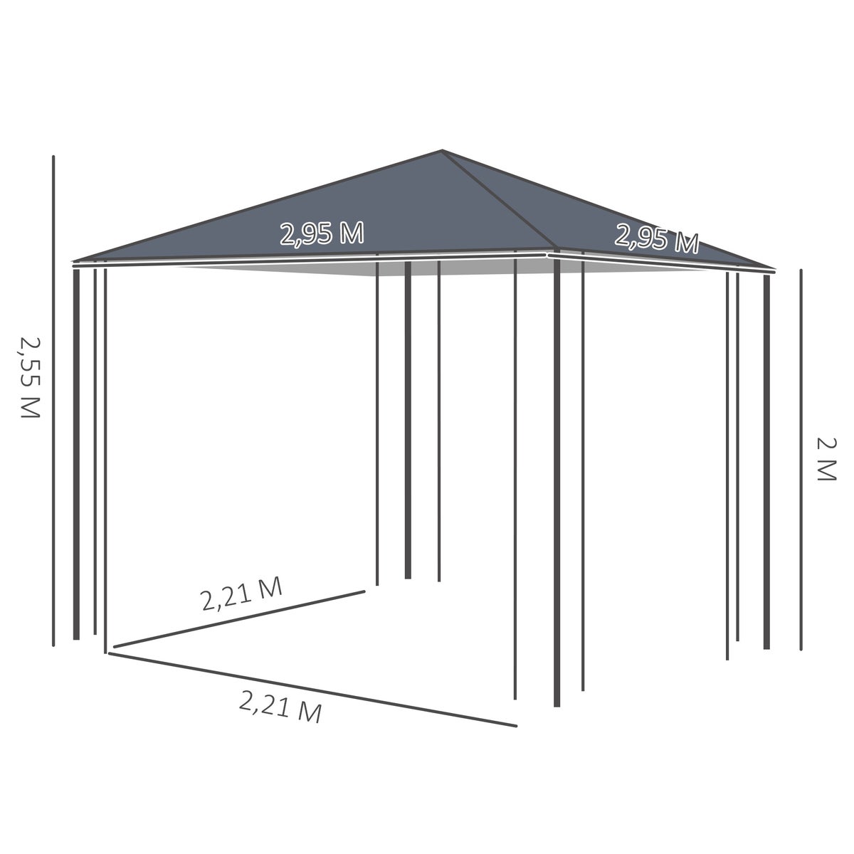 Outsunny Gazebo, tuinprieel, 2,95 x 2,95 m Prieel, 2,95L x 2,95B x 2,55H m, staal, polyester, grijs