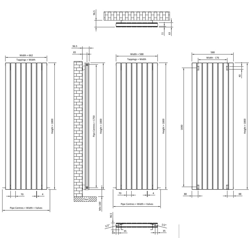 Eastbrook Addington type 20 radiator 65x180cm aluminium 2691W antraciet mat