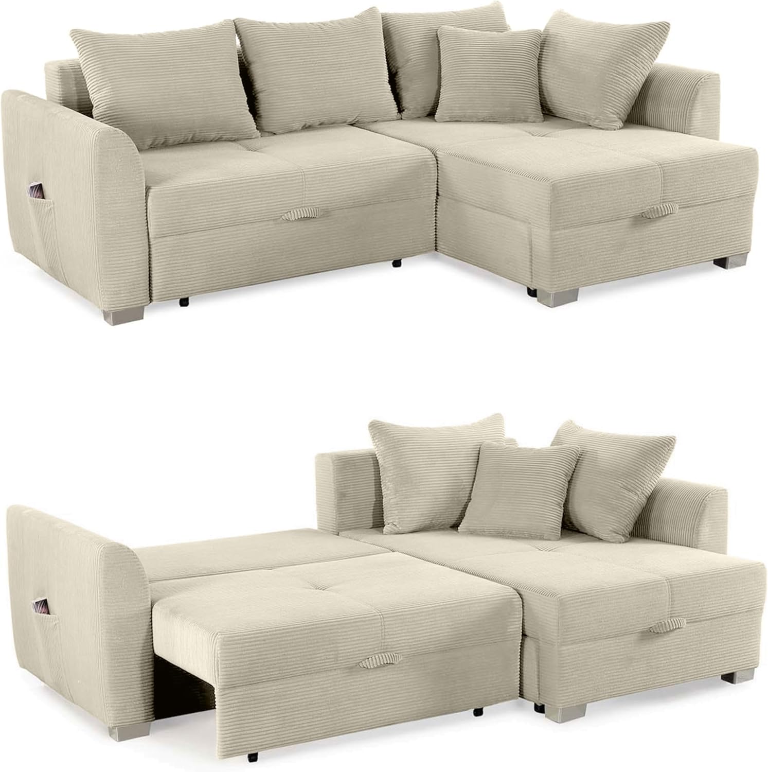 Cord Ecksofa B236/T160/H81 cm mit Schlaffunktion und Bettkasten, Tasche in der Armlehne, L-Couch mit Ottomane ausziehbar, links oder rechts montierbar, Bezug Cordstoff in Beige Grau / 15201