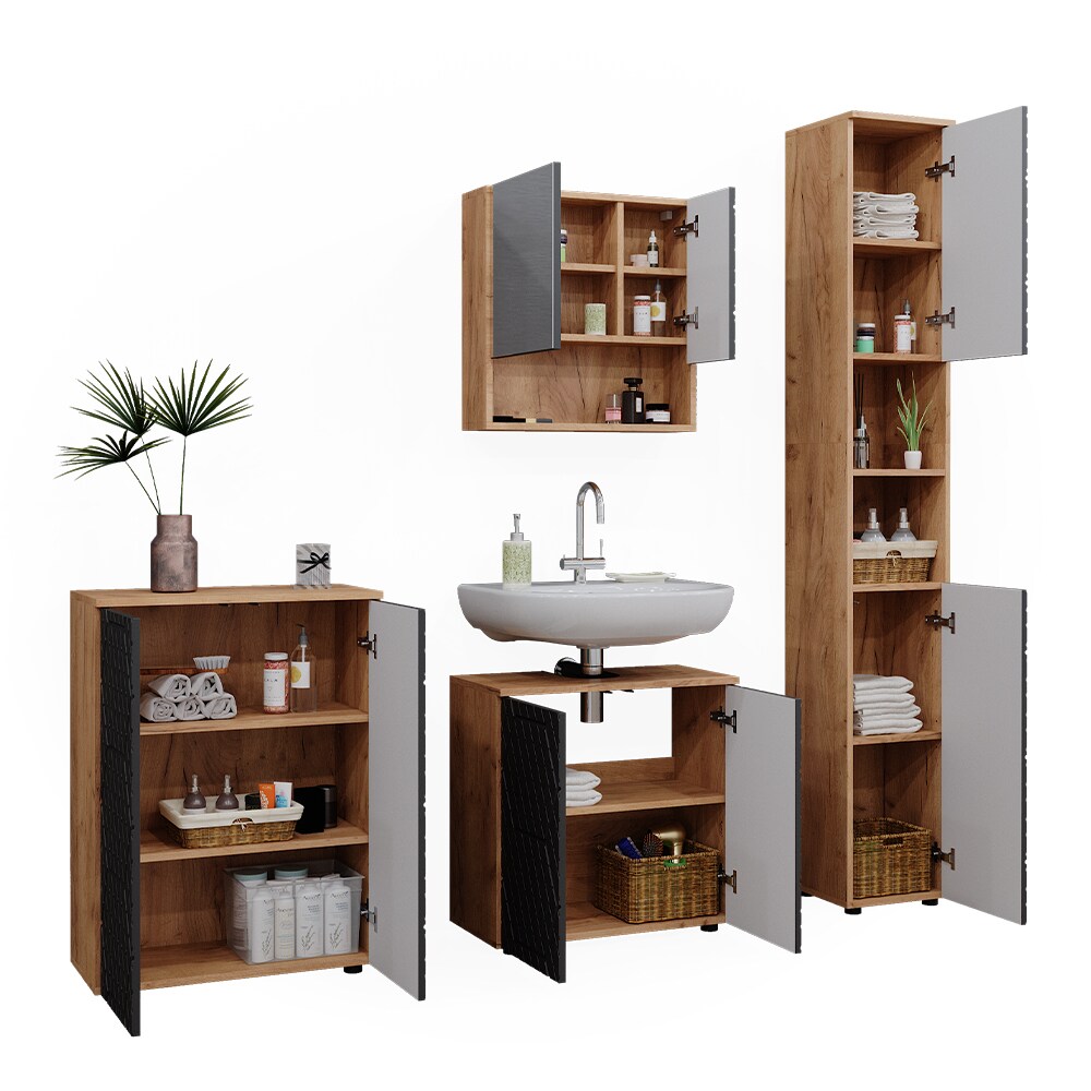 Vicco Badmöbel-Set Irma Eiche Anthrazit 4-teilig Hochschrank Kommode