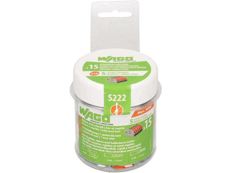 WAGO Verbindungsklemme Wago Klemme 5L 5-fach, 15 Stück 4er Packung Wago Klemmen für 0.14 - 4 mm² Kabelquerschnitt und max. 32 A