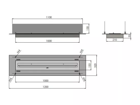 Insert/support brûleur bioéthanol 120cm en inox avec verres inclus