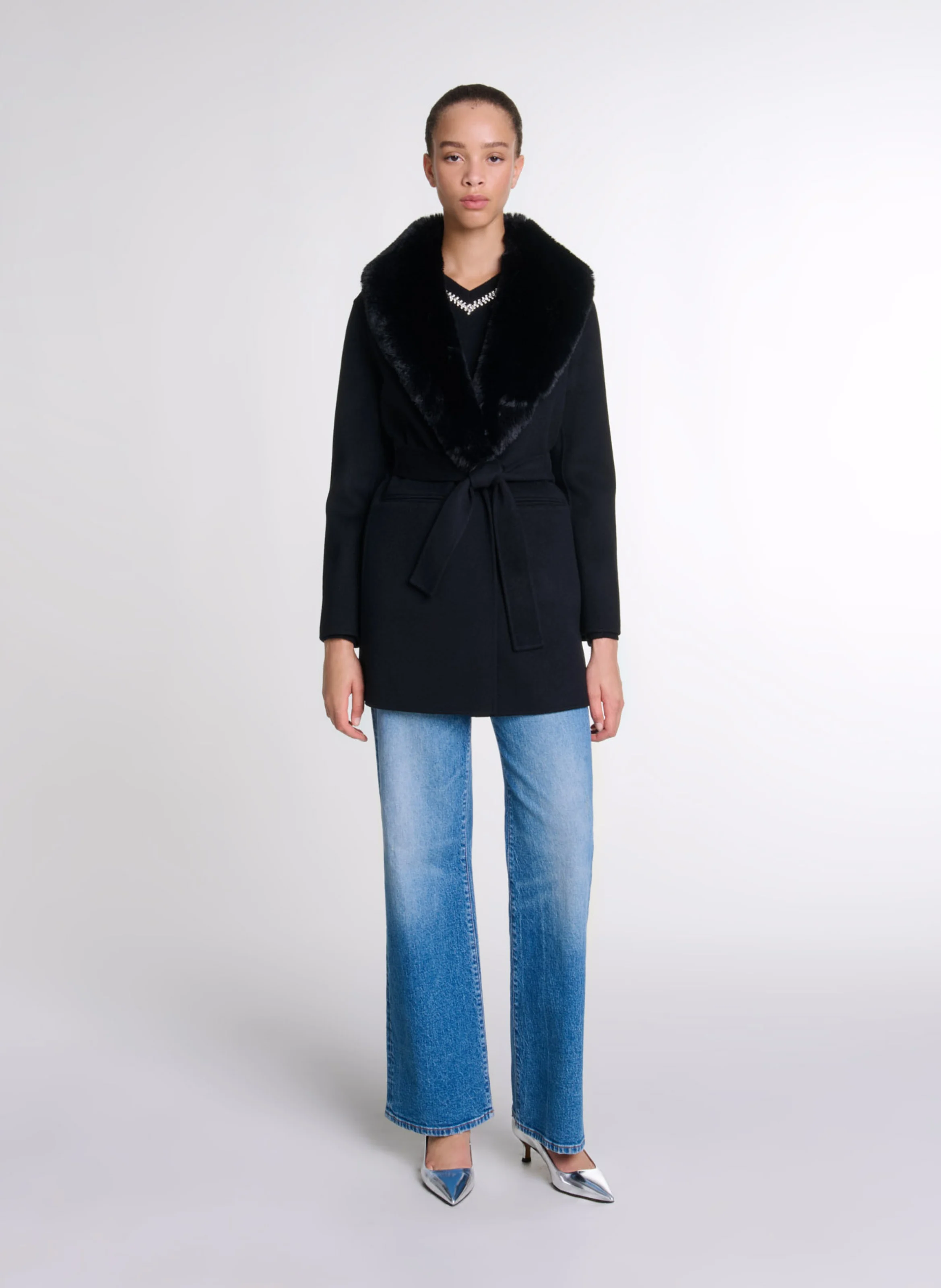 Manteau col effet fourrure en laine mélangée | Noir