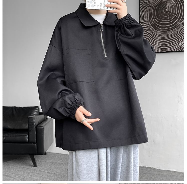 POSI - Sweatshirt met lange mouwen, effen polohals en halve rits